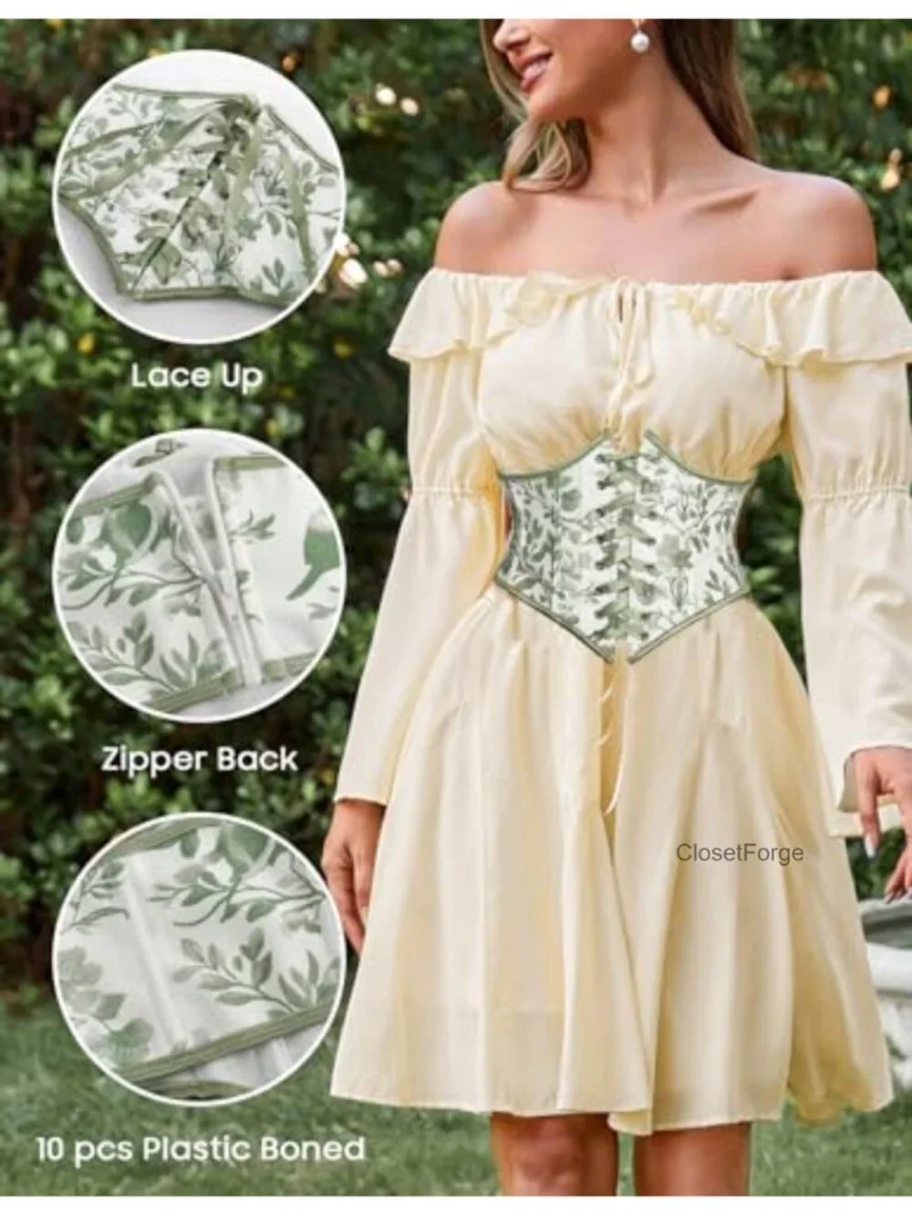 Floral Lace Up Underbust Corset Belt Women Back Zip Renaissance
